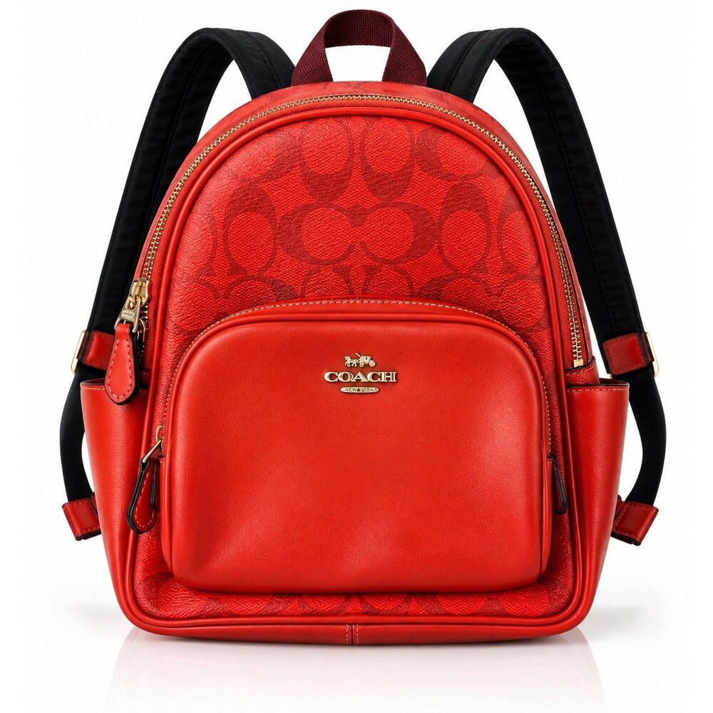 Coach C8604 Mini Court Backpack Canvas Pebble Leather In Signature IM/Miami Red